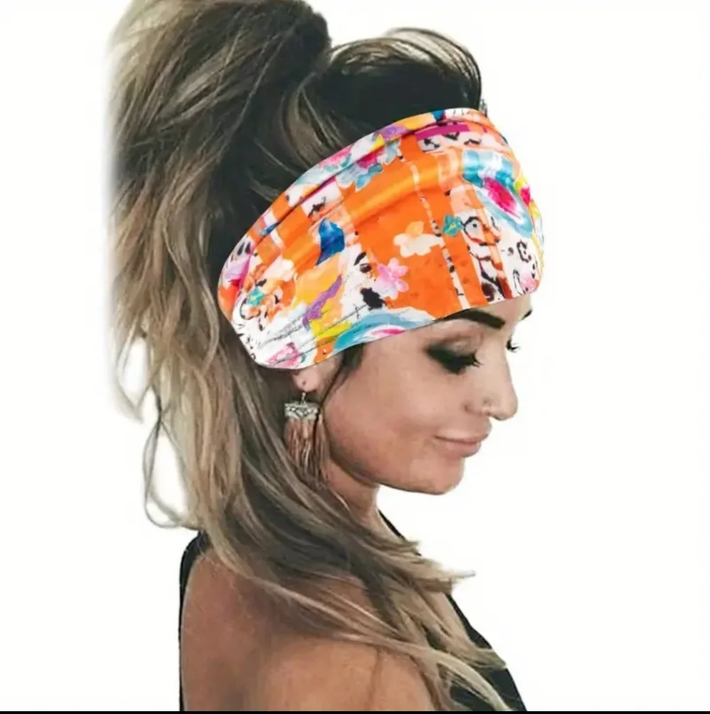 Tie Dye Flower Print Knotted Headband Wide Sports Fitness Yoga Headband, Orange